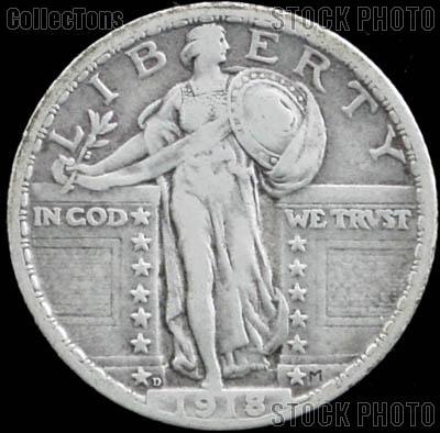 1918-D Standing Liberty Silver Quarter Circulated Coin G 4 or Better
