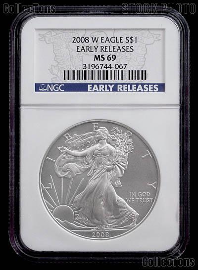 2008-W American Silver Eagle Dollar Burnished EARLY RELEASES in NGC MS 69