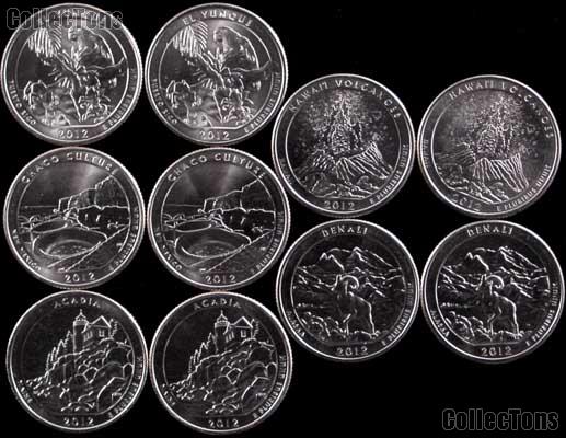 2012 National Park Quarters Complete Set P & D Uncirculated (10 Coins) PR, NM, ME, HI, AK