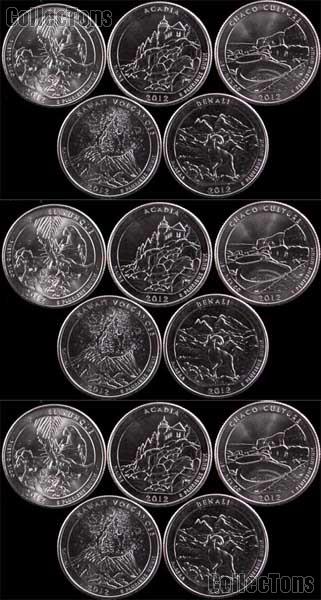 2012 National Park Quarters Complete Set P & D & S Uncirculated (15 Coins) PR, NM, ME, HI, AK