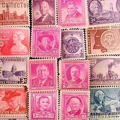 25 Different 3 Cent Stamps from the 1940s - Unused Commemorative Stamp Collection