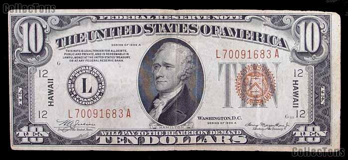 Ten Dollar Bill Hawaii Note Brown Seal US Currency Off Quality