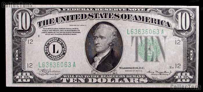 Ten Dollar Bill Green Seal FRN Series 1934 US Currency