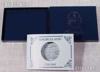 1982 George Washington 250th Anniversary Commemorative Uncirculated Silver Half Dollar OGP Replacement Box and COA