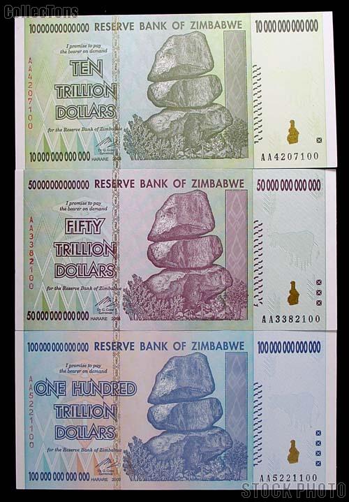 Zimbabwe Trillion Dollar Bill Bank Note SET: 10, 50, 100 - 2008 Uncirculated Banknote - Hyperinflation Money