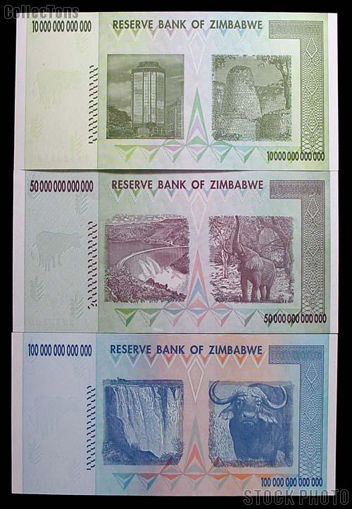 Zimbabwe Trillion Dollar Bill Bank Note SET: 10, 50, 100 - 2008 Uncirculated Banknote - Hyperinflation Money