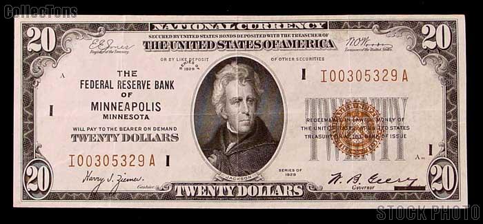 Twenty Dollar Bill Federal Reserve Bank Note Brown Seal US Currency Good or Better
