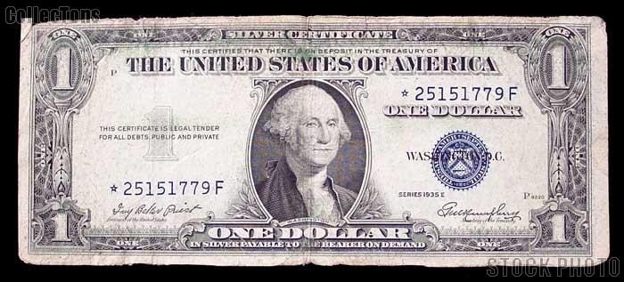 One Dollar Bill Silver Certificate STAR NOTE NO MOTTO Series 1935 US Currency