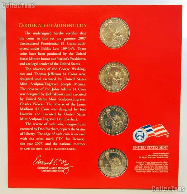 2007 Presidential Dollar Coin Uncirculated Denver (D) Set 4 Coins - From US Mint