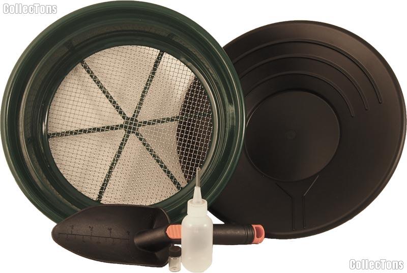 14" Gold Pan, 1/4" Gold Sifter, Glass Vial, Trowel, and Snuffer Bottle Set - Equipment for Prospecting