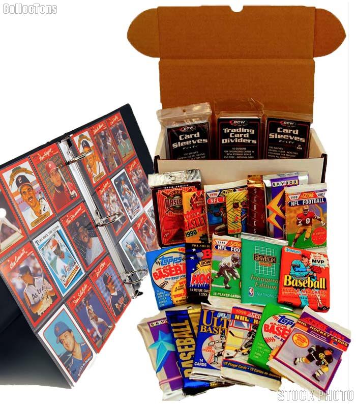 Sports Card Collecting Starter Set Kit MLB, NFL, NBA, NHL with 18 Card Packs, Sleeves, Binder & Storage Box
