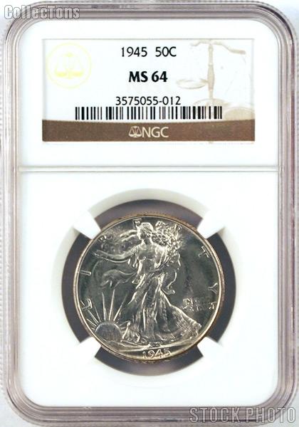 1945 Walking Liberty Silver Half Dollar in NGC MS 64