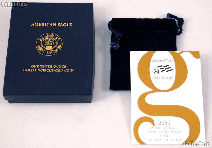2006 American Eagle 1/10th oz Uncirculated Burnished $5 Gold Bullion Coin OGP Replacement Box and COA