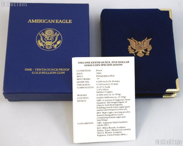 1992 American Eagle 1/10th oz Proof $5 Gold Bullion Coin OGP Replacement Box and COA