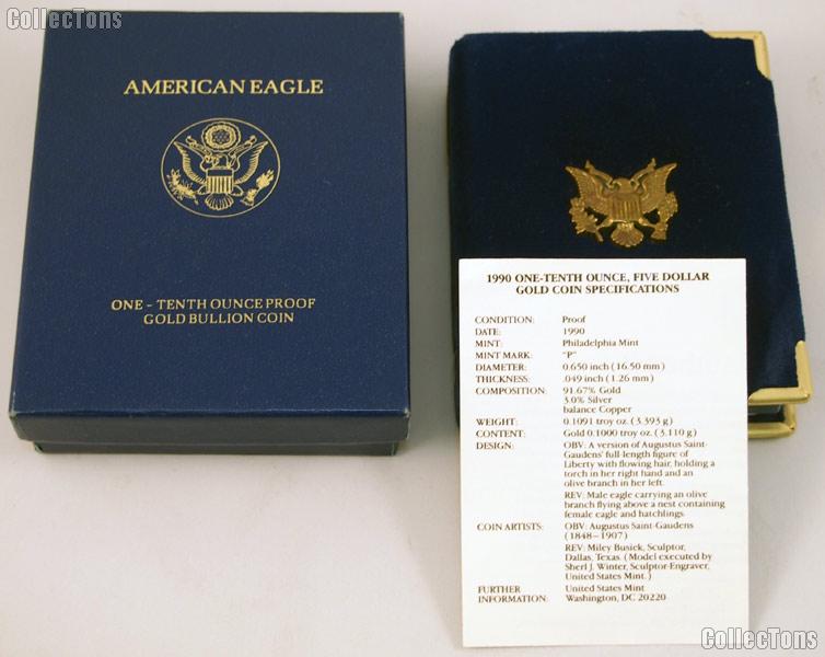 1990 American Eagle 1/10th oz Proof $5 Gold Bullion Coin OGP Replacement Box and COA