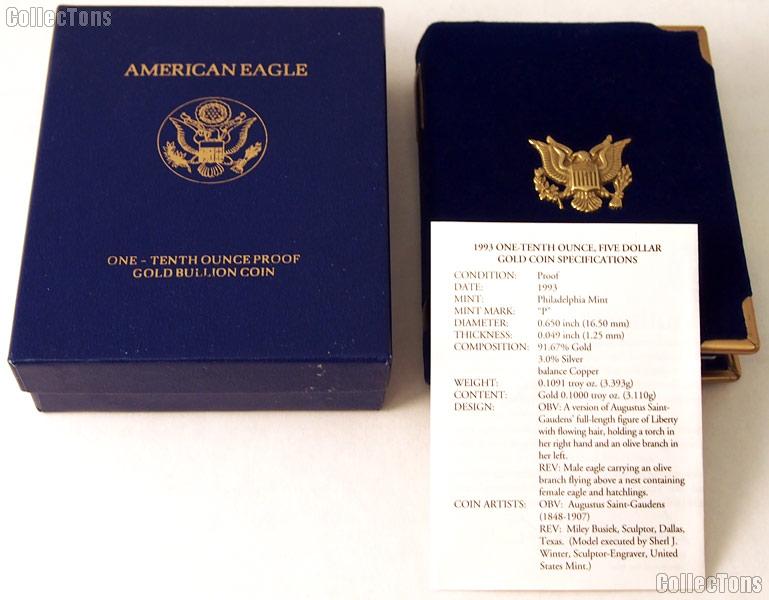 1993 American Eagle 1/10th oz Proof $5 Gold Bullion Coin OGP Replacement Box and COA