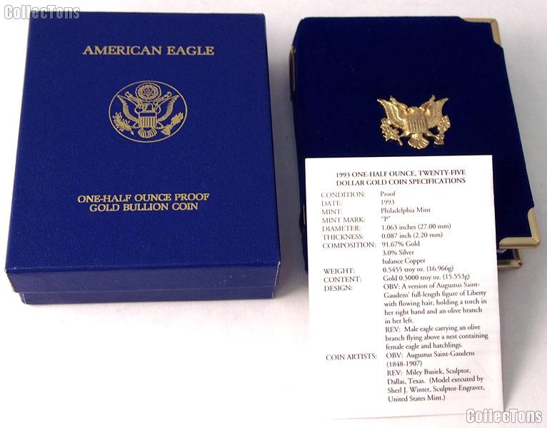 1993 American Eagle 1/2 oz Proof $25 Gold Bullion Coin OGP Replacement Box and COA