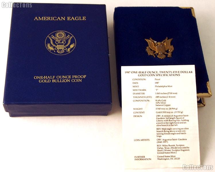 1987 American Eagle 1/2 oz Proof $25 Gold Bullion Coin OGP Replacement Box and COA