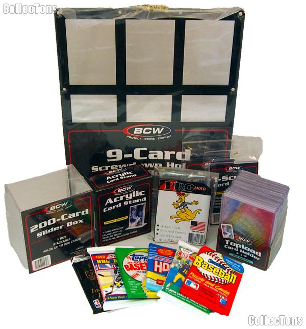 Sports Card Collecting Starter Set / Kit MLB, NFL, NBA, NHL with 18 Different Card Packs, Frames, Toploaders, & Holders