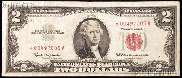 Two Dollar Bill Red Seal STAR NOTE Series 1963 US Currency Good or Better