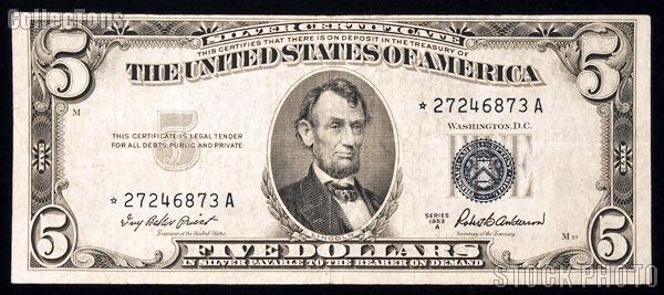 Five Dollar Bill Silver Certificate STAR NOTE Series 1953 US Currency Good or Better
