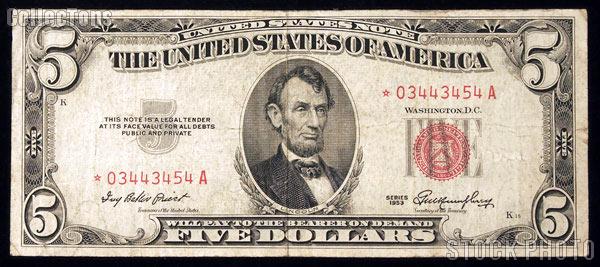 Five Dollar Bill Red Seal STAR NOTE Series 1953 US Currency Good or Better