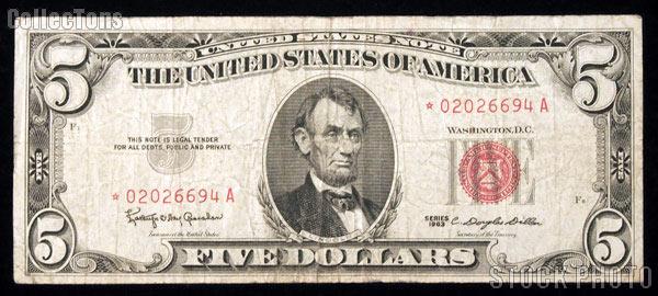 Five Dollar Bill Red Seal STAR NOTE Series 1963 US Currency