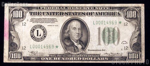 One Hundred Dollar Bill Green Seal FRN STAR NOTE Series 1934 US Currency