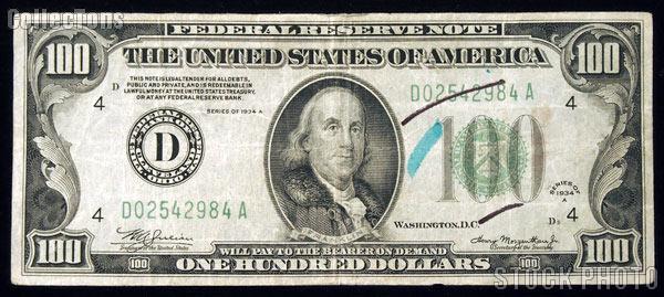 One Hundred 100 Dollar Bill Green Seal FRN Series 1934 US Currency