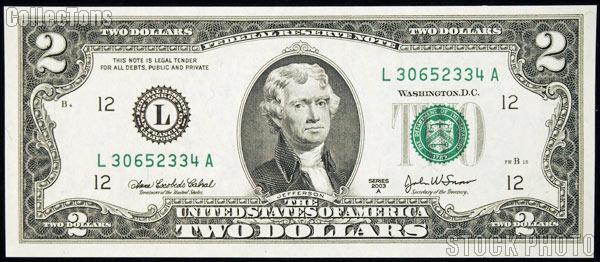 Two Dollar Bill Green Seal FRN Series 2003 US Currency CU Crisp Uncirculated