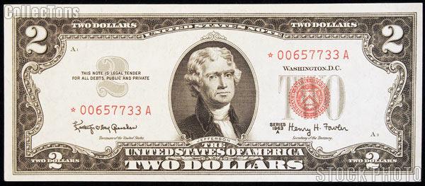 Two Dollar Bill Red Seal STAR NOTE Series 1963 US Currency AU Crisp Almost Uncirculated