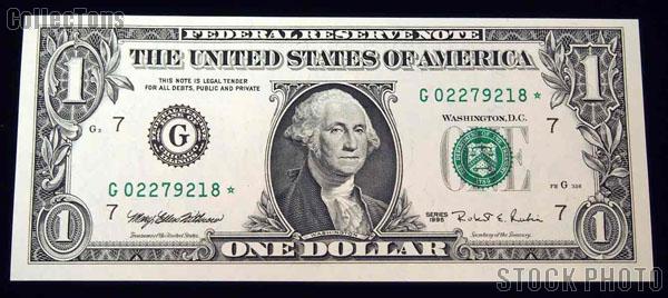One Dollar Bill Green Seal FRN STAR NOTE Series 1995 US Currency CU Crisp Uncirculated