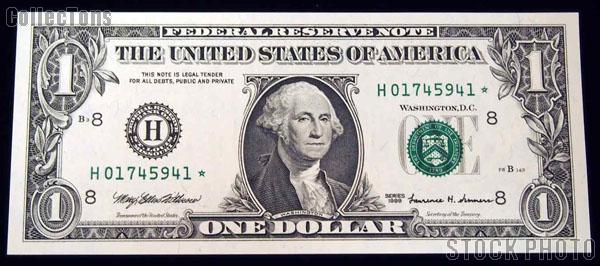 One Dollar Bill Green Seal FRN STAR NOTE Series 1999 US Currency CU Crisp Uncirculated