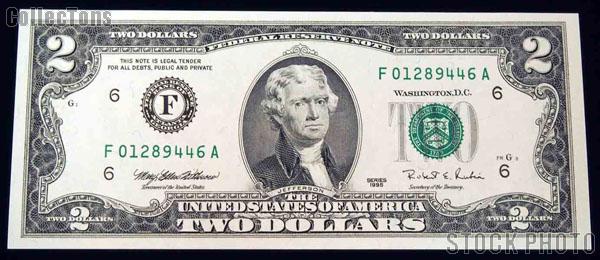 Two Dollar Bill Green Seal FRN Series 1995 US Currency CU Crisp Uncirculated