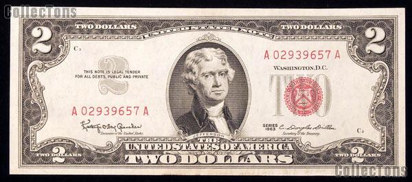 Two Dollar Bill Red Seal Series 1963 US Currency AU/CU Condition