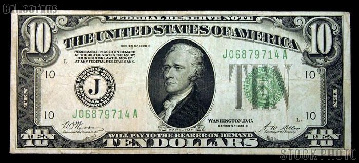 Ten Dollar Bill Green Seal FRN Series 1928 US Currency Good or Better