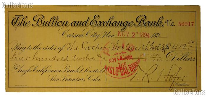 Bank Check from The Bullion and Exchange Bank signed by Theodore Hofer 7th Superintendent of Carson City Mint