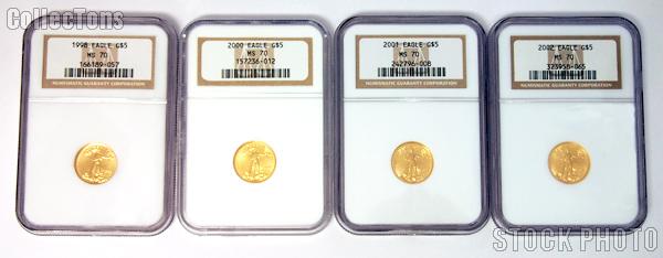 1/10th Oz Gold American Eagle $5 Uncirculated Coin in NGC MS 70 Mixed Dates