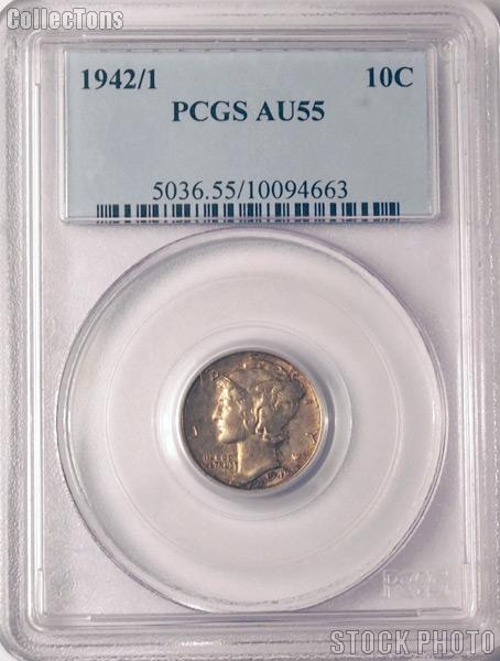 1942/1 Mercury Silver Dime (42 over 41) in PCGS AU 55