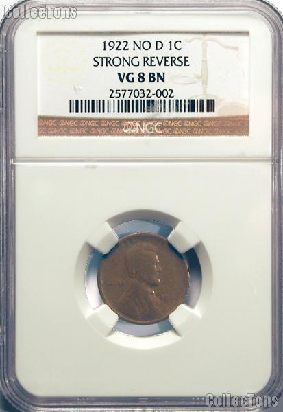 1922 NO D Strong Reverse Lincoln Wheat Cent KEY DATE in NGC VG 8 BN (Brown)