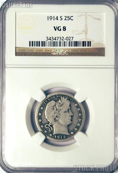 1914-S Barber Liberty Head Silver Quarter in NGC VG 8