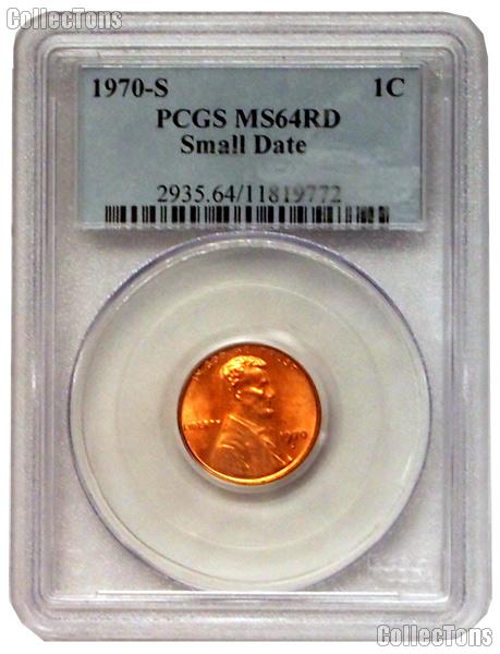 1970-S Lincoln Memorial Cent Small Date in PCGS MS 64 RD