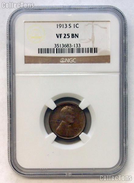 1913-S Lincoln Wheat Cent KEY DATE in NGC VF 25 BN