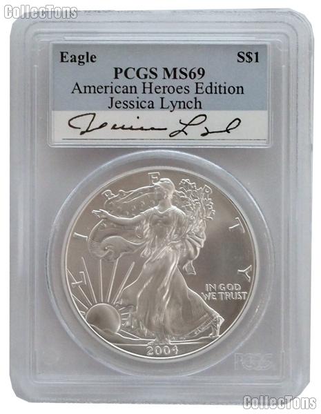 2004 American Silver Eagle Dollar signed by Jessica Lynch in PCGS MS 69
