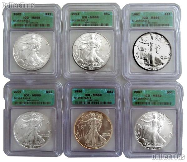 American Silver Eagle Dollar in ICG MS 69 Mixed Dates