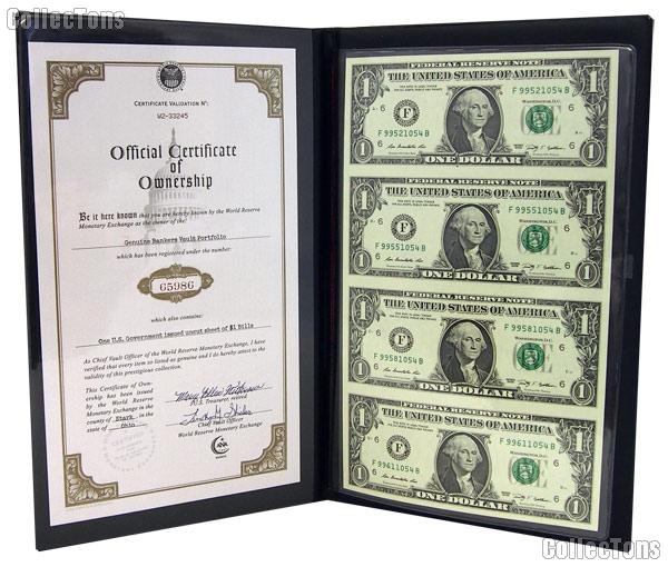2009 $1 Bill Government Issued Uncut Sheet Currency Set (4 bills) in Portfolio from World Reserve Monetary Exchange