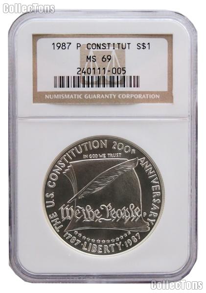 1987-P U.S. Constitution Bicentennial Commemorative Uncirculated Silver Dollar in NGC MS 69