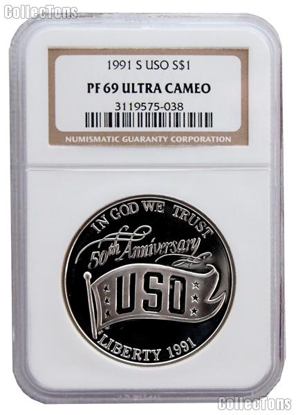 1991-S USO Commemorative Proof Silver Dollar in NGC PF 69 Ultra Cameo