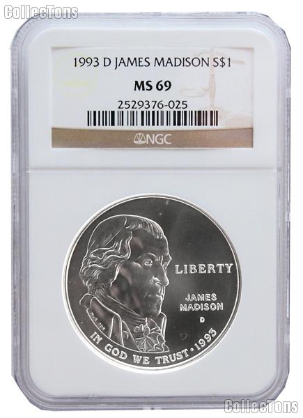1993-D Bill of Rights James Madison Commemorative Uncirculated Silver Dollar in NGC MS 69