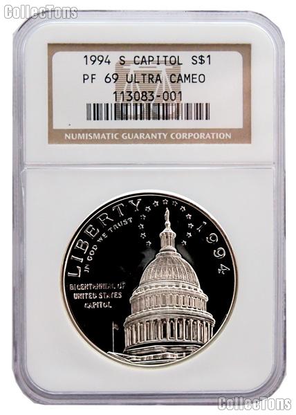 1994-S U.S. Capitol Bicentennial Commemorative Proof Silver Dollar in NGC PF 69 Ultra Cameo